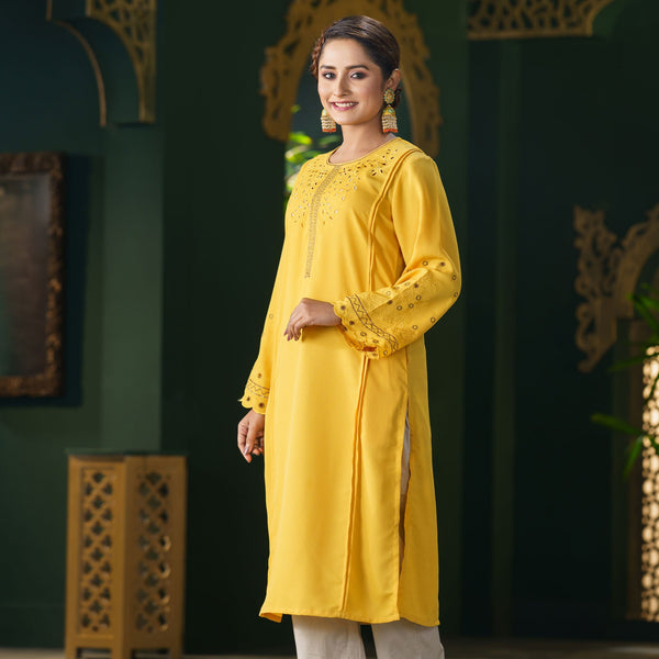 ETHNIC HIGH RANGE KURTI-YELLOW