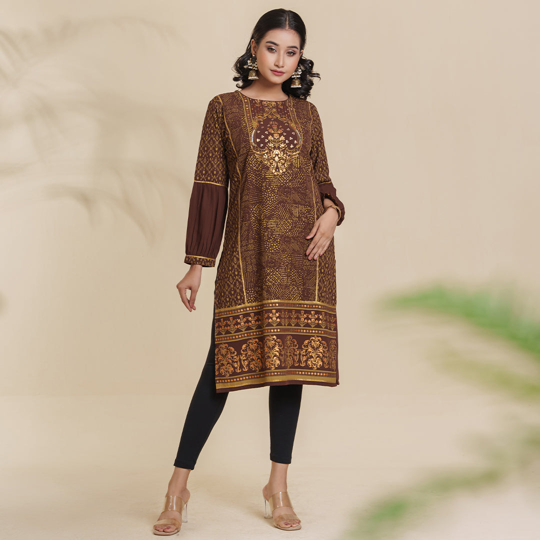 Women Brown Screen Print Kurti