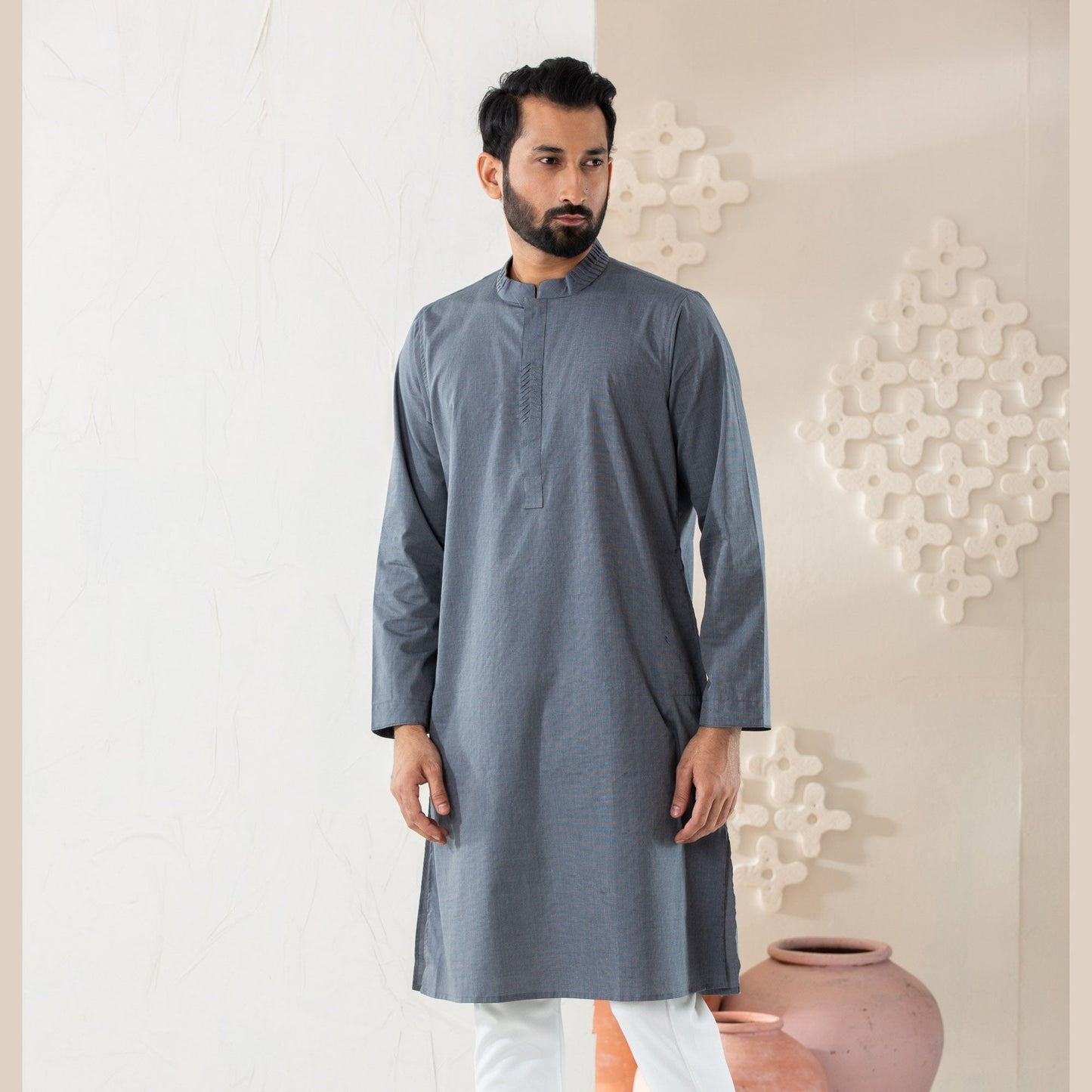 Mens Grey Cotton Panjabi