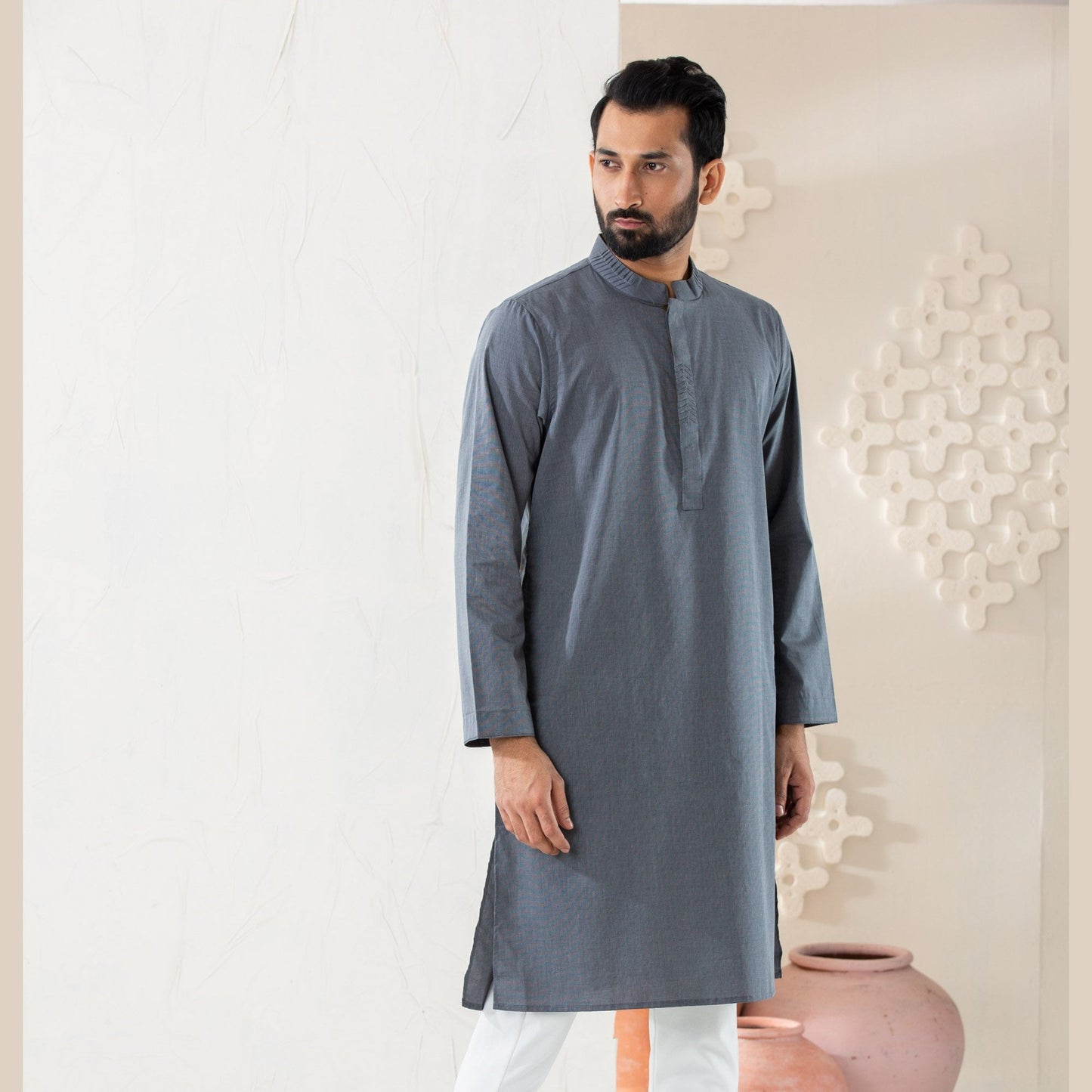 Men's Grey Cotton Panjabi