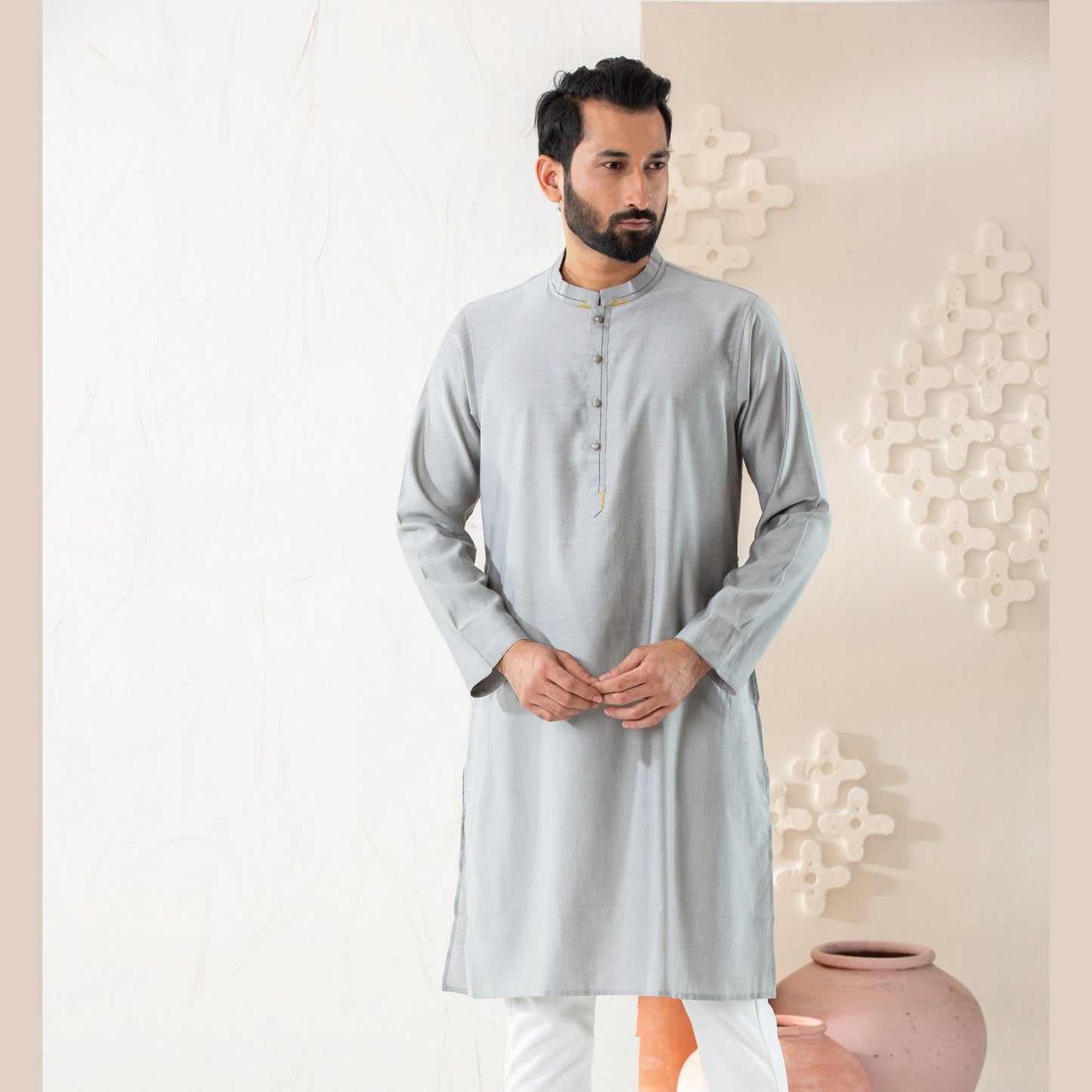 Mens Grey Cotton Panjabi