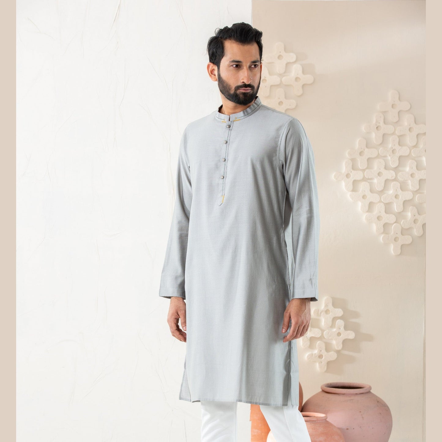 Mens Grey Cotton Panjabi