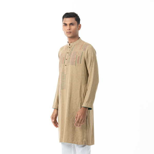 Mens Beige Jacquard Panjabi