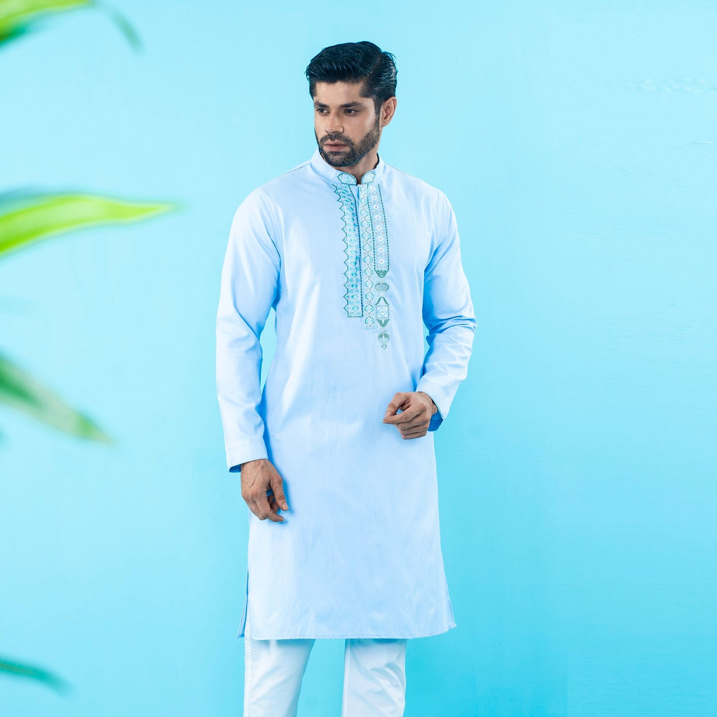 Mens Embroidery Panjabi- Sky Blue