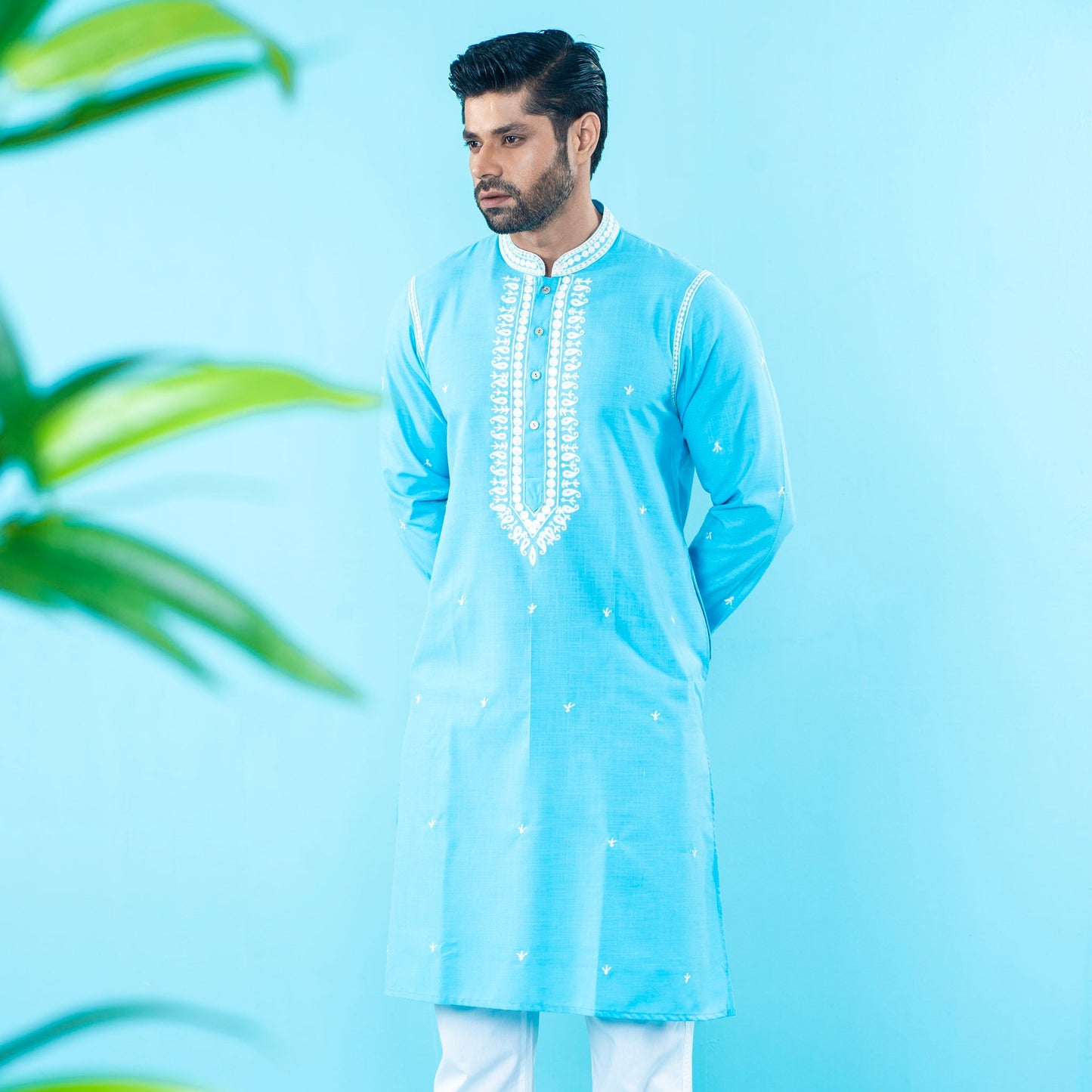 Mens Embroidery Panjabi- Sky Blue