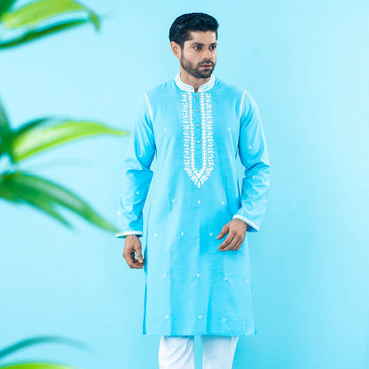 Mens Embroidery Panjabi- Sky Blue