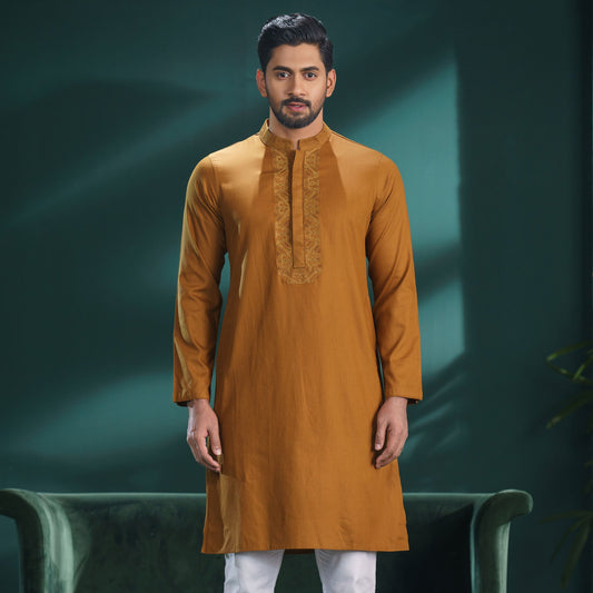Mens Embroidery Panjabi-Camel