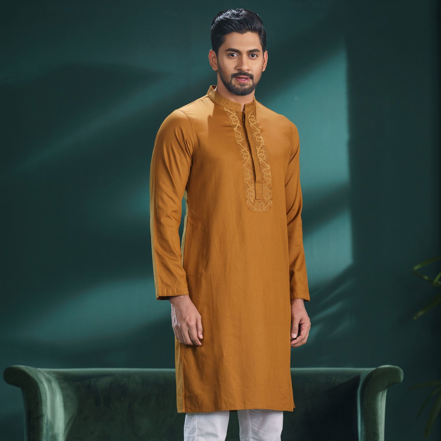 Mens Embroidery Panjabi-Camel