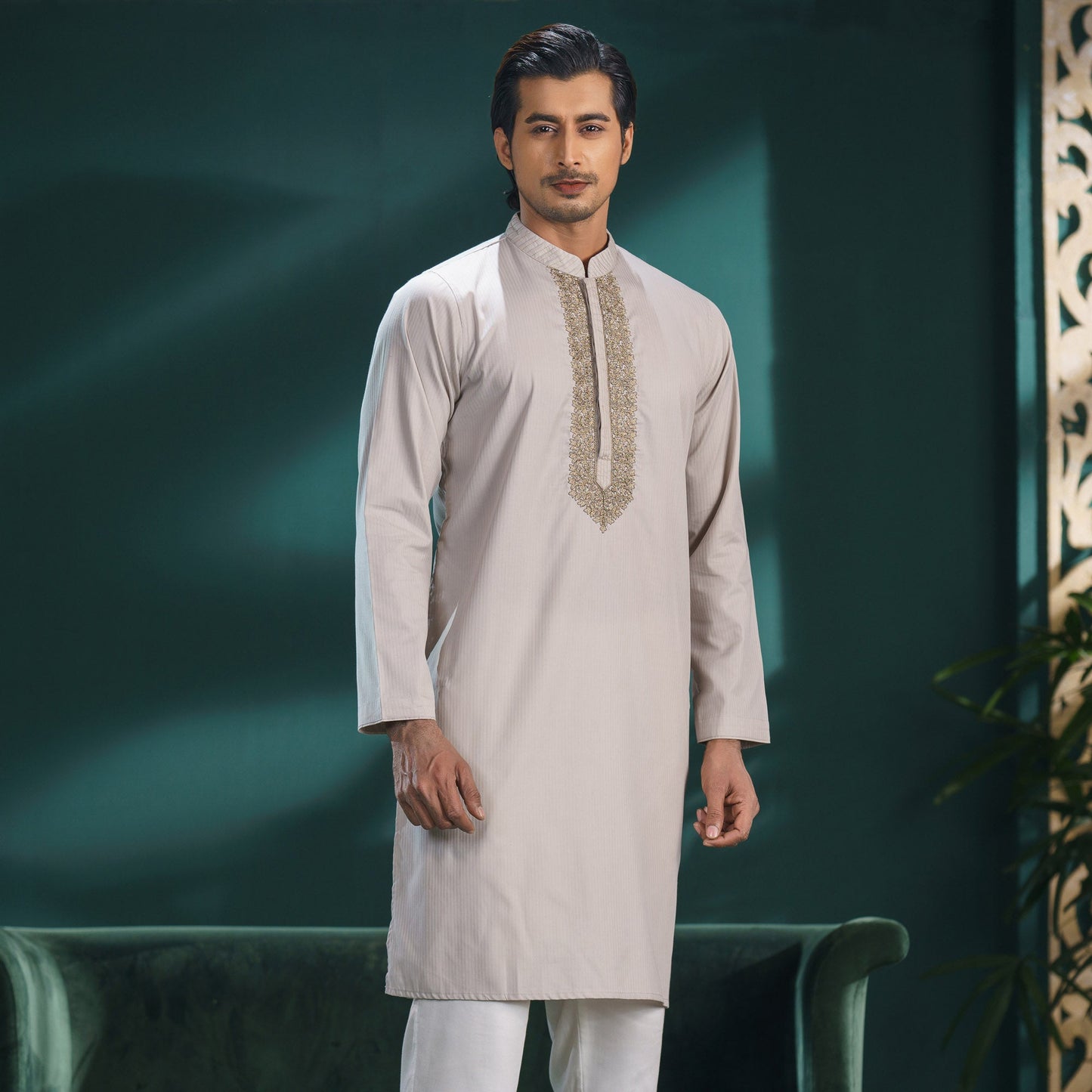 Men's Grey Beige Traditional Panjabi