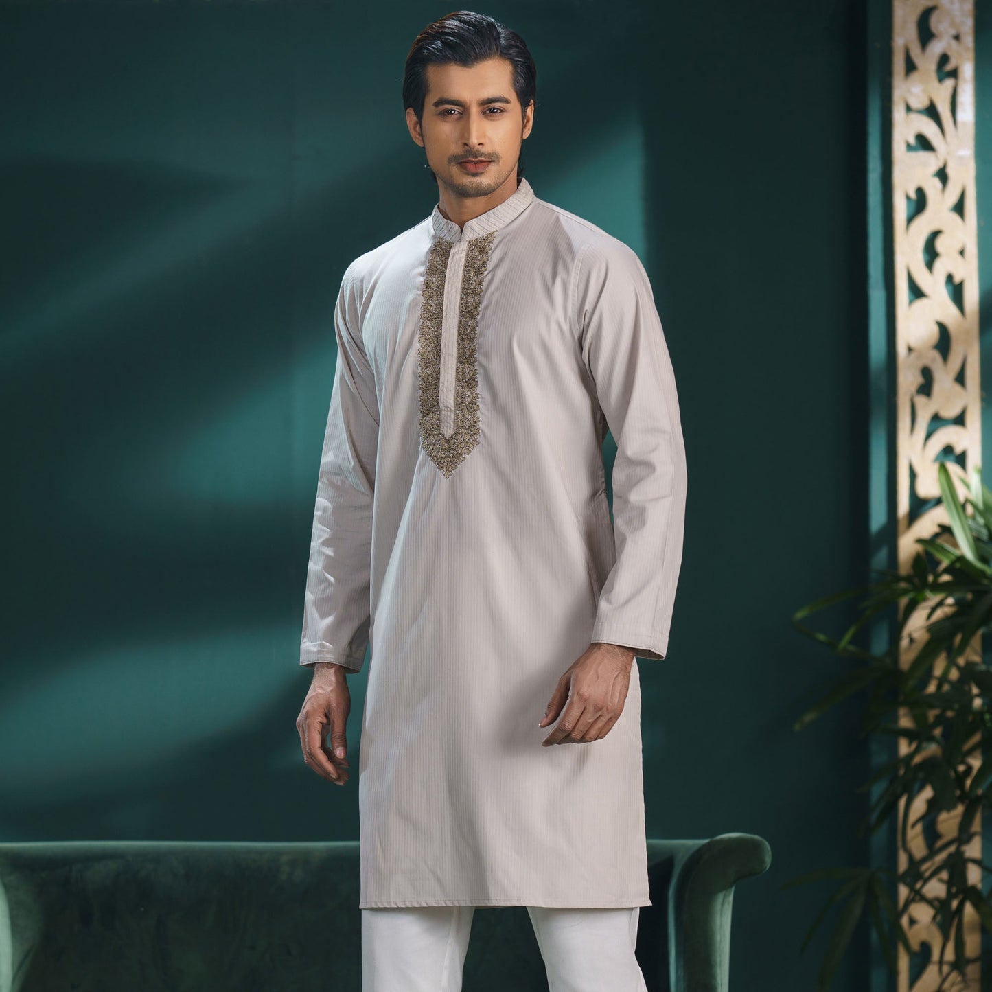 Men's Grey Beige Traditional Panjabi