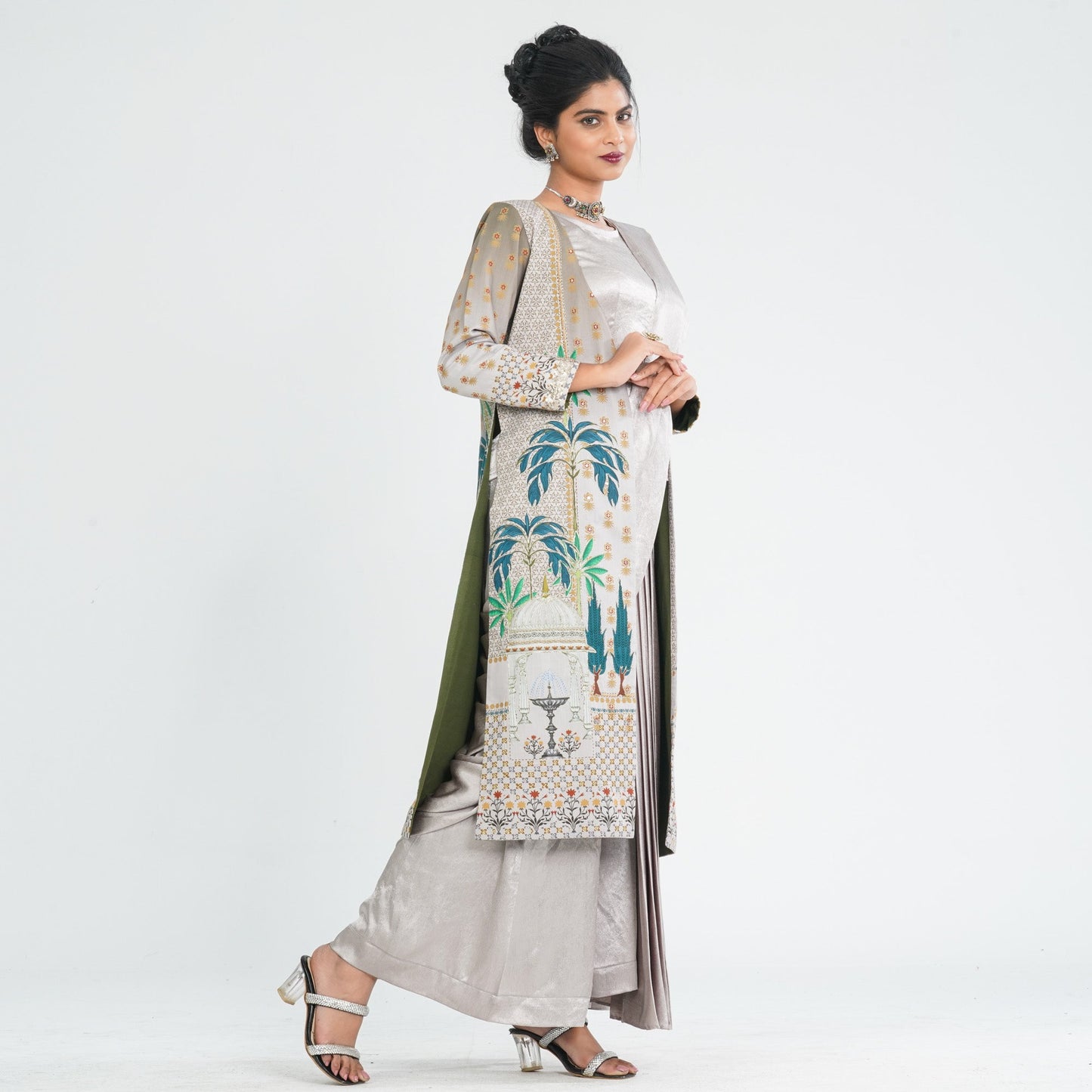 Women’s Silk Pant Saree with Sequin Top & Summer Jacket