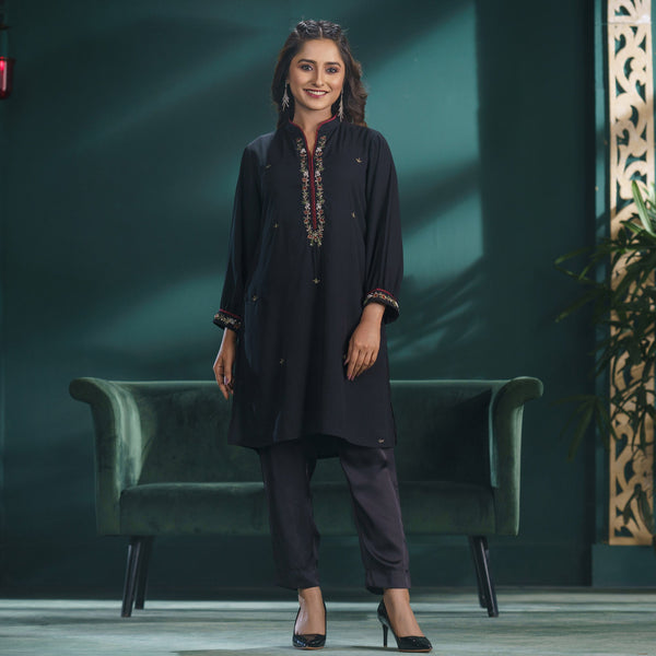 Black Embroidered Georgette Tunic