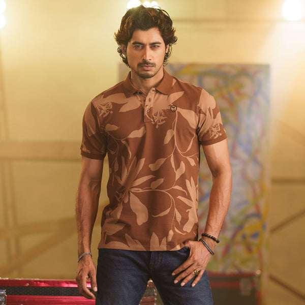 Mens Brown Print Polo