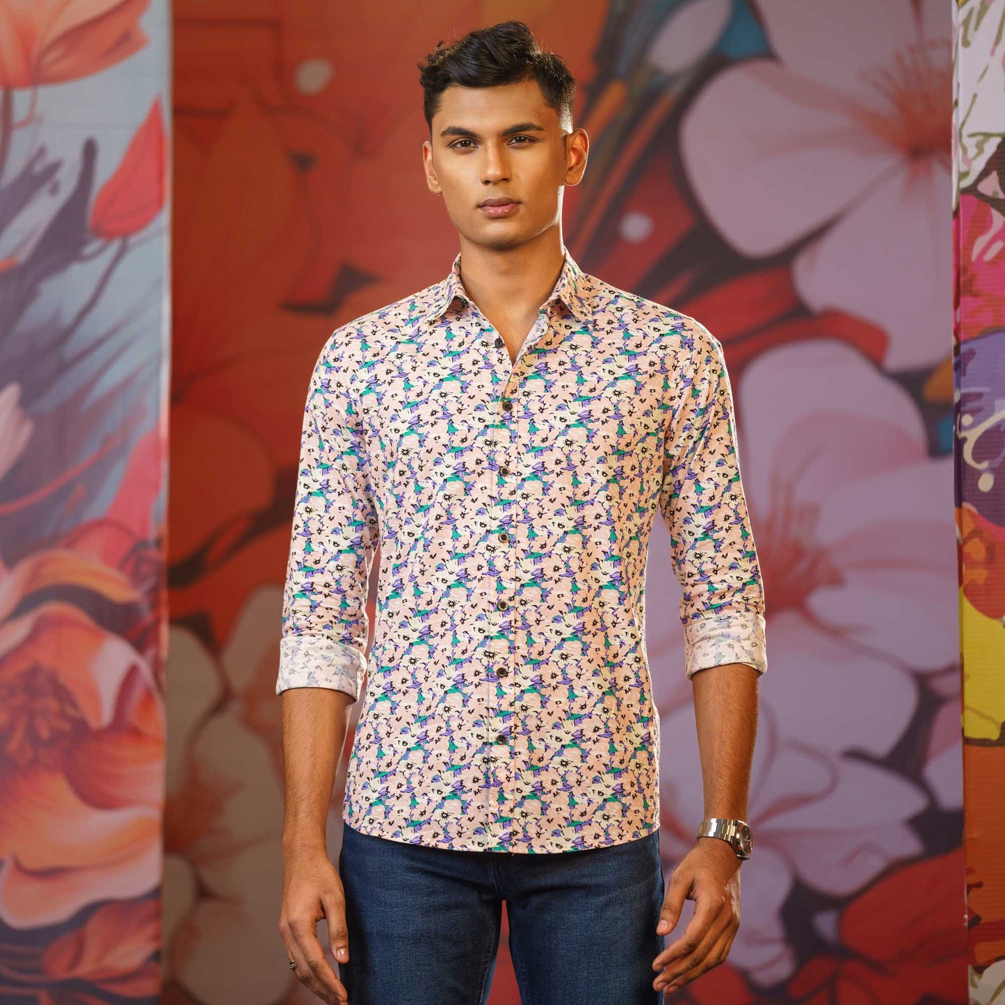 Mens Long Sleeve Shirt -PINK/GREEN