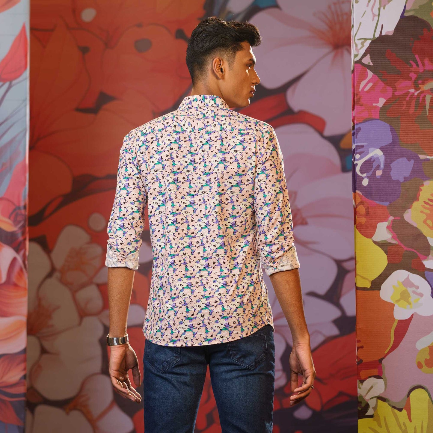 Mens Long Sleeve Shirt -PINK/GREEN