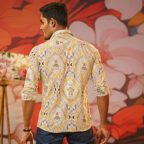 Men’s White Yellow Printed Shirt