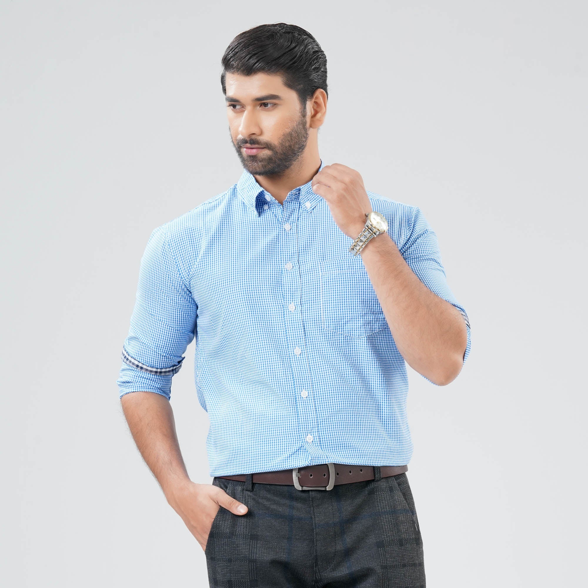 Mens Light Blue & White Check Shirt – Twelve USA