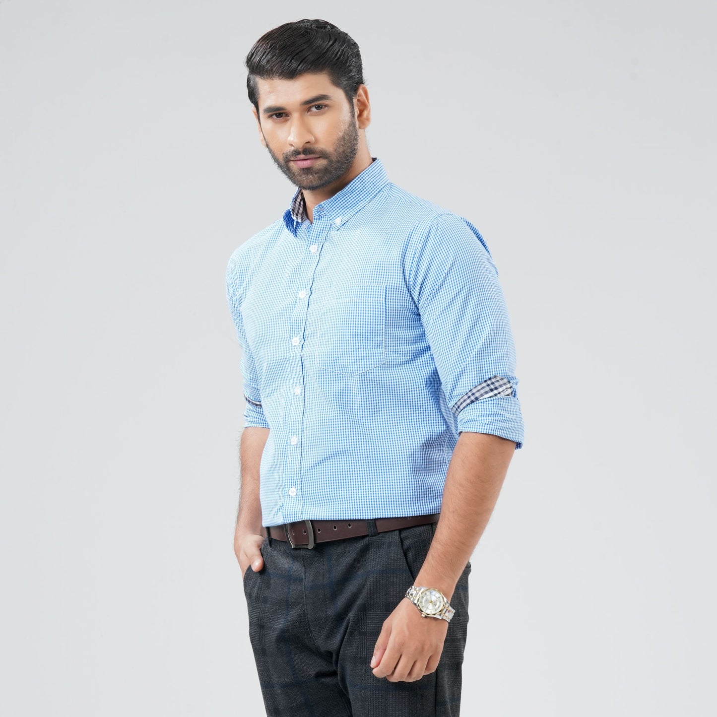 Mens Light Blue & White Check Shirt