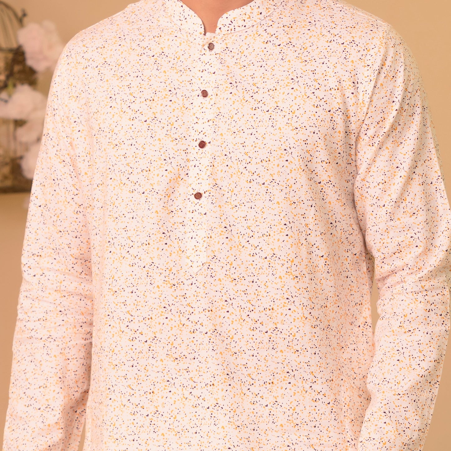 Mens Basic Panjabi-White Yellow Print