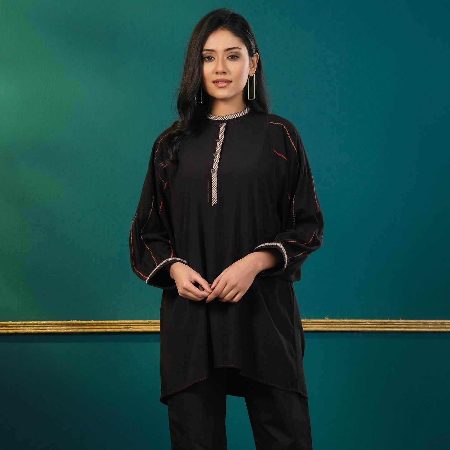 Womens Black Printed Embroidered Top