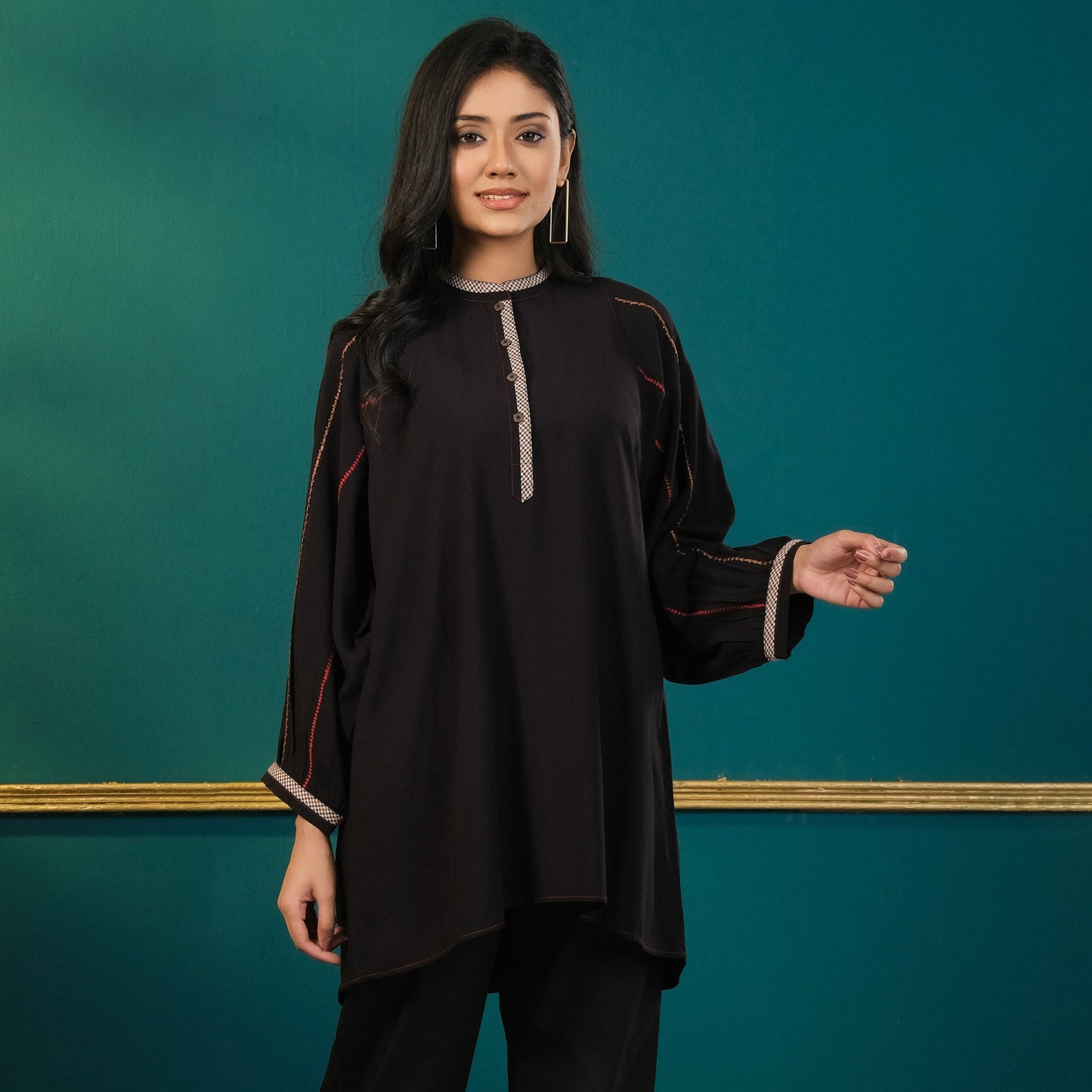 Womens Black Printed Embroidered Top