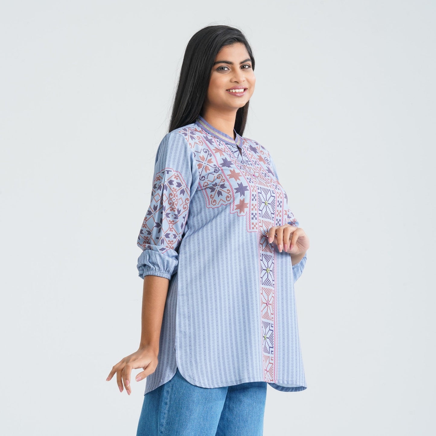 Women Light Blue Silk Top