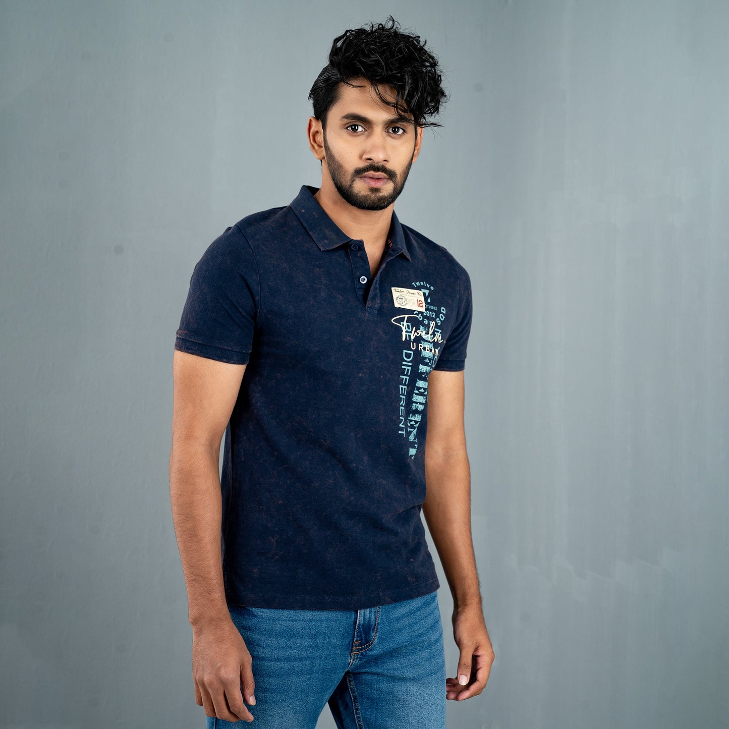 Mens Navy Print Polo