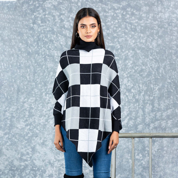 LADIES PONCHO-BLACK & WHITE